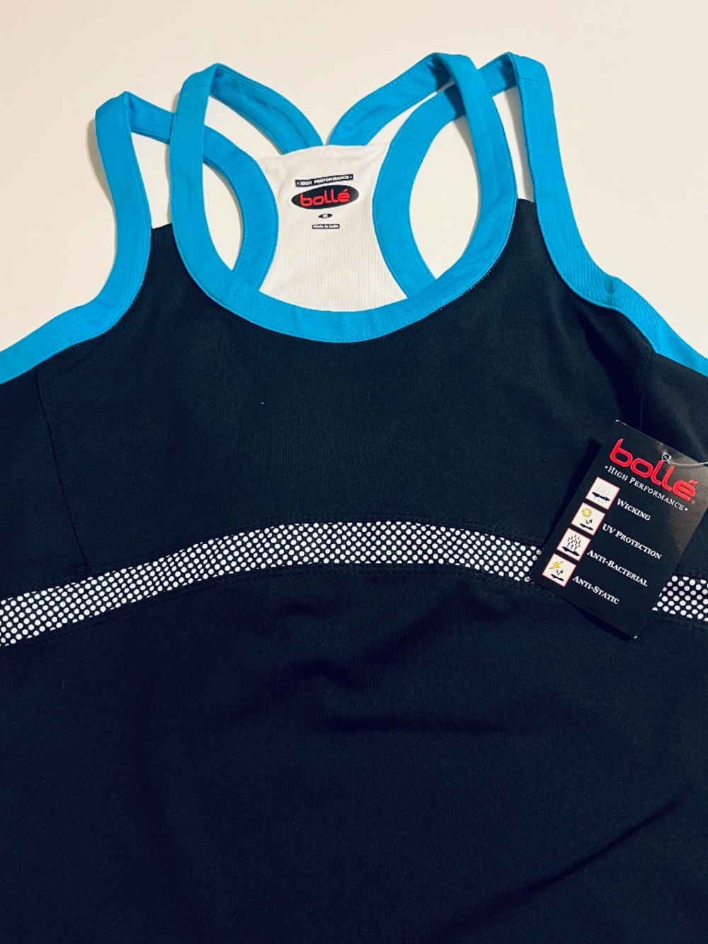 NWT black Bollé  athletic tennis racerback tank top size M with bright blue
